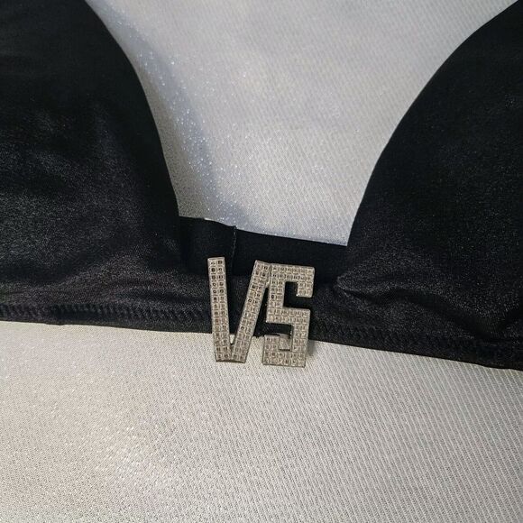 Victorias Secret Black Rhinestone VS Logo Swim Bikini Top Medium M Halter - Picture 4 of 6